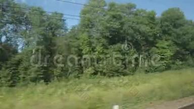 高速列车在夏天经过一片树林和一片田野